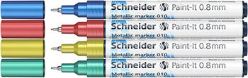 Marker akrylowy SCHNEIDER Paint-It Metallic, 0,8 mm, etui 4 szt., niebieski, czerowny, żółty, zielony