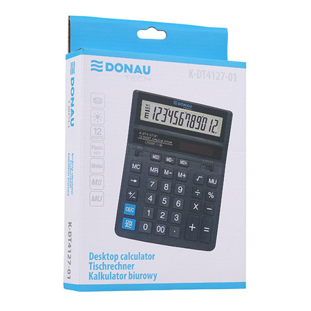 Kalkulator biurowy DONAU TECH, 12-cyfr. wyświetlacz, wym. 203x158x31 mm, czarny