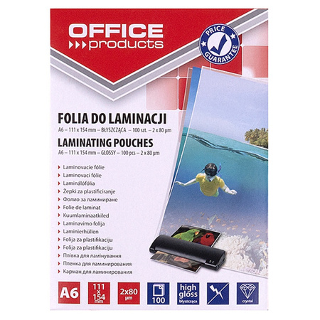 Folia do laminowania OFFICE PRODUCTS, A6, 2x80mikr., błyszcząca, 100szt., transparentna