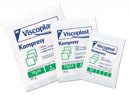 Jałowe kompresy gazowe VISCOPLAST, bawełniane, 17-nitkowe, 8 warstw 7,5x7,5cm, 3szt.