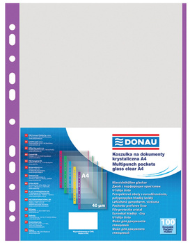 Koszulki na dokumenty DONAU, PP, A4, krystal, 40mikr., kolorowy brzeg - fioletowy, 100szt.