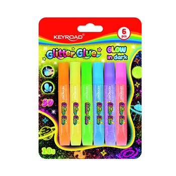 Klej brokatowy KEYROAD, 6x10g, fluorescencyjny, świecący w ciemności, blister, mix kolorów