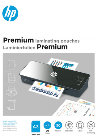 Folie laminacyjne HP PREMIUM, A3, 80 mic, 50 szt., przezroczyste/połysk