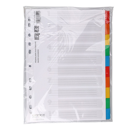 Przekładki OFFICE PRODUCTS, karton, A4, 227x297mm, 10 kart, lam. indeks, mix kolorów
