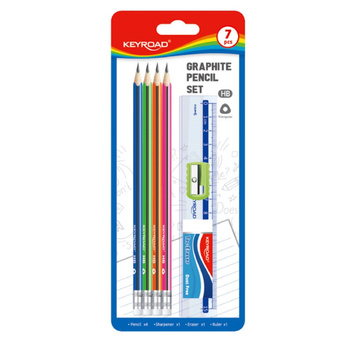 Zestaw szkolny KEYROAD Pencil Set HB, 7 elementów, blister, mix kolorów