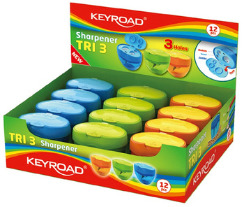 Temperówka KEYROAD Tris, plastikowa, potrójna, z pojemnikiem, pakowane na displayu, mix kolorów