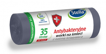 Worki na śmieci STELLA, z taśmą ściągającą, antybakteryjne, 35l, 15szt, szare, szary