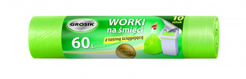 Worki na śmieci z taśmą GROSIK, HDPE, 60l, 10 szt., zielone