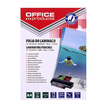 Folia do laminowania OFFICE PRODUCTS, A4, 2x125mikr., błyszcząca, 100szt., transparentna