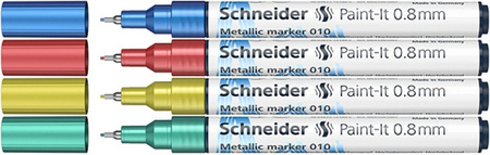 Marker akrylowy SCHNEIDER Paint-It Metallic, 0,8 mm, etui 4 szt., niebieski, czerowny, żółty, zielony