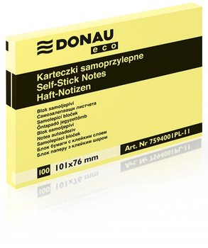 Bloczek samoprzylepny DONAU Eco, 101x76mm, 1x100 kart., jasnożółty