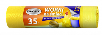 Worki na śmieci z taśmą GROSIK, HDPE, 35l, 15 szt., żółte