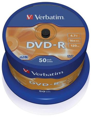 Płyta DVD-R VERBATIM AZO, 4,7GB, prędkość 16x, cake, 50szt., srebrny mat
