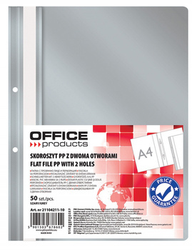 Skoroszyt OFFICE PRODUCTS, PP, A4, 2 otwory, 100/170mikr., wpinany, szary