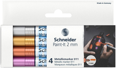 Marker akrylowy SCHNEIDER Paint-It Metallic, 2 mm, etui 4 szt., srebrny, złoty, miedziany, fioletowy