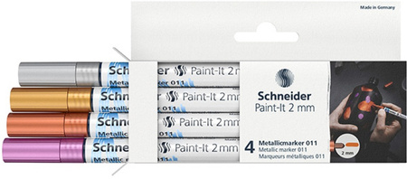 Marker akrylowy SCHNEIDER Paint-It Metallic, 2 mm, etui 4 szt., srebrny, złoty, miedziany, fioletowy