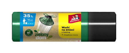 Worki na śmieci JAN NIEZBĘDNY, zielony dom, z taśmą, 35l, 15szt., czarno-zielone
