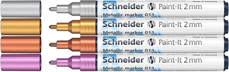 Marker akrylowy SCHNEIDER Paint-It Metallic, 2 mm, etui 4 szt., srebrny, złoty, miedziany, fioletowy