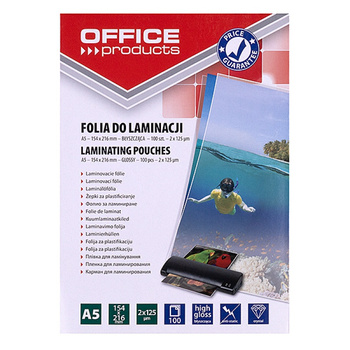 Folia do laminowania OFFICE PRODUCTS, A5, 2x125mikr., błyszcząca, 100szt., transparentna