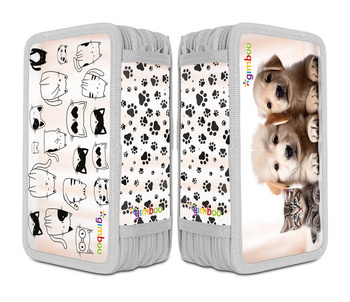 Piórnik szkolny GIMBOO, z wyposażeniem, 3 komory, szczenięta, beżowy