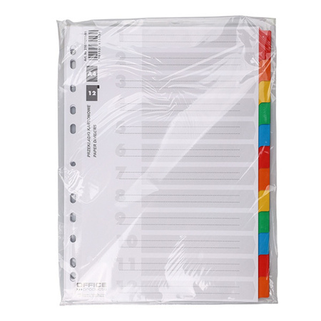 Przekładki OFFICE PRODUCTS, karton, A4, 227x297mm, 12 kart, lam. indeks, mix kolorów