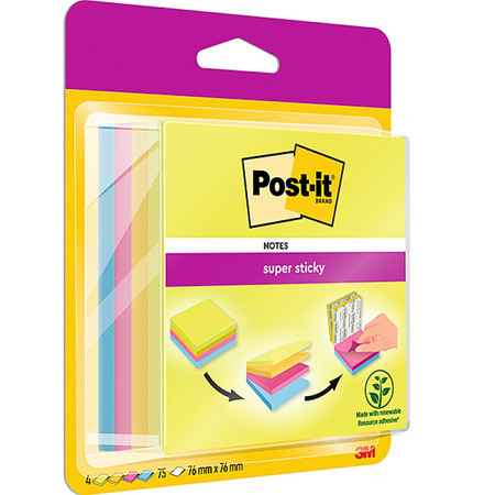 Multi kostka samoprzylepna POST-IT® Super Sticky (2014-SC-BYFG),76x76mm, 4x75 kart., mix kolorów