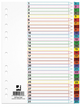 Przekładki Q-CONNECT Mylar, karton, A4, 225x297mm, 1-31, 31 kart, lam. indeks, mix kolorów
