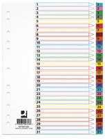 Przekładki Q-CONNECT Mylar, karton, A4, 225x297mm, 1-31, 31 kart, lam. indeks, mix kolorów