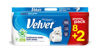Papier toaletowy celulozowy VELVET Delikatnie Biały, 3-warstwowy, 150 listki, 8+2szt., biały
