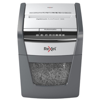 Niszczarka automatyczna REXEL OPTIMUM AUTOFEED+ 50X, P-4, 50 katrek, 20l, czarna